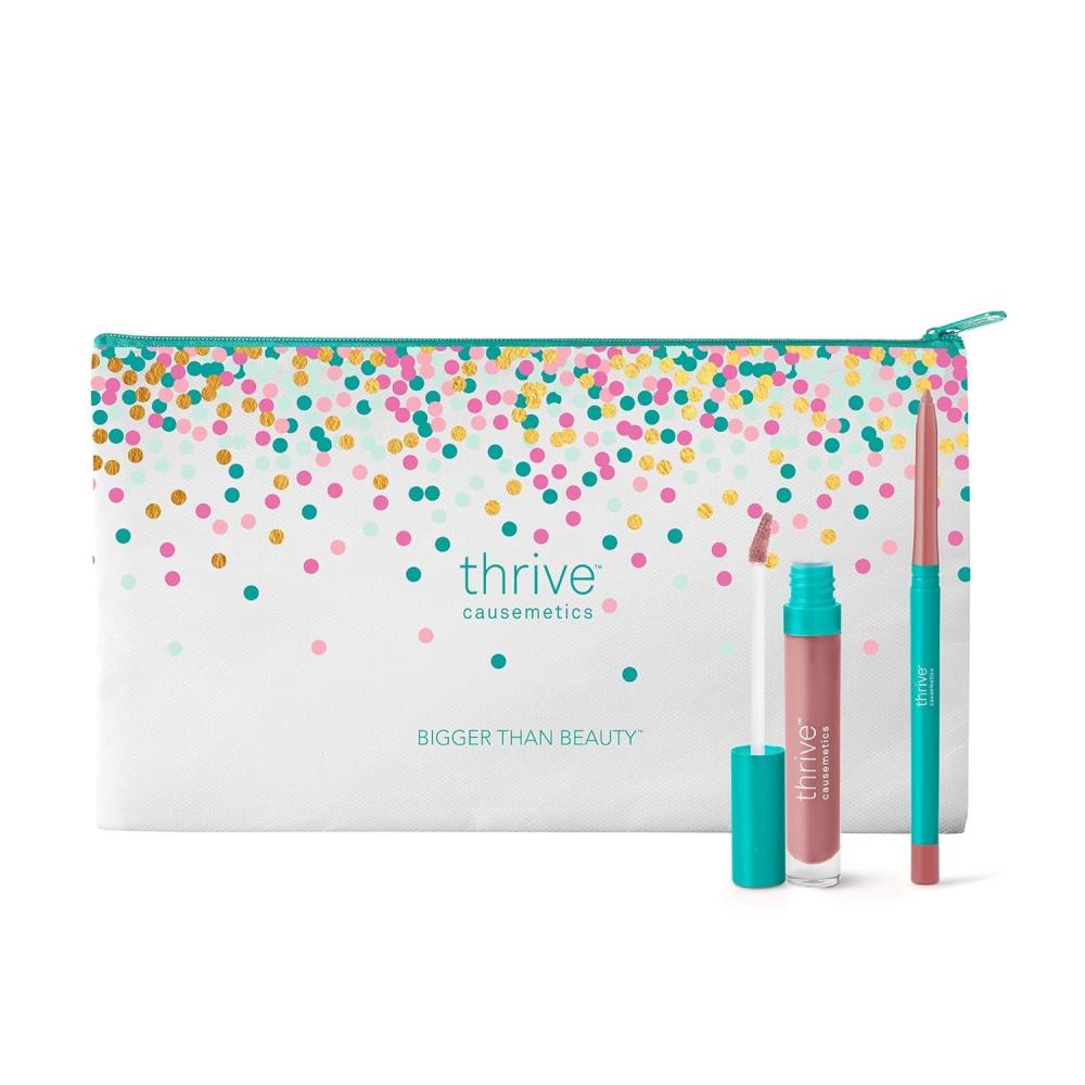 imageThrive Causemetics Perfect Pink Pout Lip Gloss ampamp Liner Bundle with Makeup Bag Sheer Strength LipPlumping Peptide Gloss ampamp LongWearing Plumping Lip Liner Vegan ampamp Cruelty Free Jo Pink Mauve