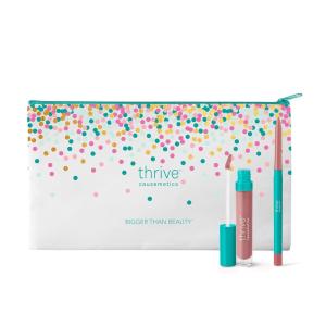 Thrive Causemetics Perfect Pink Pout Lip Gloss & Liner Bundle with Makeup Bag, Sheer Strength Lip-Plumping Peptide Gloss & Long-Wearing Plumping Lip Liner, Vegan & Cruelty Free, Jo (Pink Mauve)