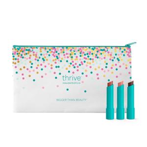 Thrive Causemetics Sheer Strength Hydrating Lip Tint Trio & Makeup Bag, Long Lasting Hydration, Lightweight Moisturizing Tinted Lip Cream Formula, Vegan & Cruelty Free, 3 Shades, Rowan, Kaisa, Melissa