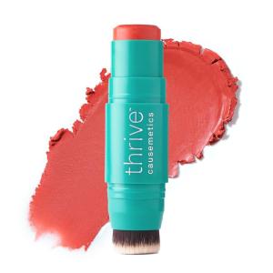 Thrive Causemetics Triple Threat Color Stick: Cream Blush Stick with Vitamin E, Evening Primrose Oil, Waterproof Smudge Proof Face Makeup, Olivia (Peachy Pink Shimmer)(Kandee (True Red Matte))