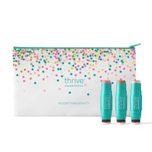 Thrive Causemetics Triple Threat Color Stick Makeup Bag Bundle: Blush, Highlighter, Bronzer & Contour Stick, Vitamin E, Evening Primrose Oil, Waterproof Smudge Proof Face Makeup Formula, 3 Shades