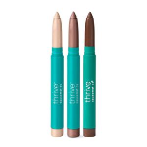 Thrive Causemetics Brilliant Eye Brightener Shimmer Classic Eyeshadow Stick Bundle, 3 Shades, Waterproof & Crease Proof Cream to Powder Long Lasting Formula, 3 Shadow Sticks & Confetti Makeup Bag