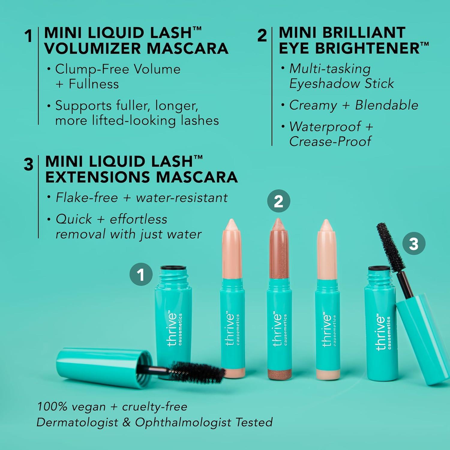 image:imageThrive Causemetics Mini Makeup Essentials Gift Set for Women Deluxe Mini Liquid Lash Extensions amp Volumizer Mini Mascaras Brynn Rich Black Mini Eye Brightener Highlighter Sticks 3 Shades