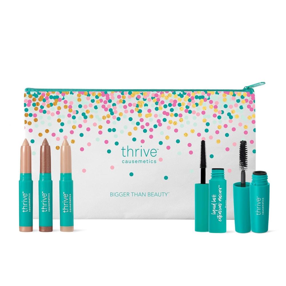 image:imageThrive Causemetics Mini Makeup Essentials Gift Set for Women Deluxe Mini Liquid Lash Extensions amp Volumizer Mini Mascaras Brynn Rich Black Mini Eye Brightener Highlighter Sticks  3 Shades